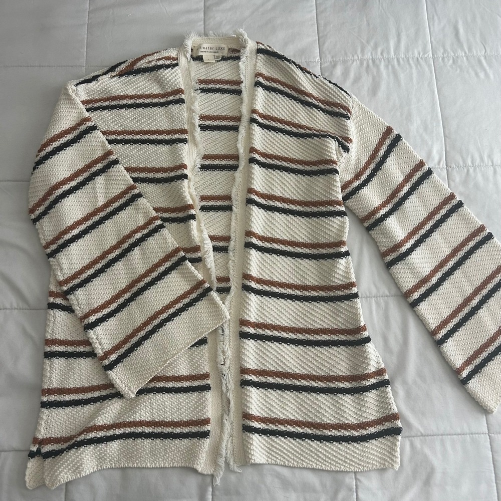 Saltwater LUXE Open Front Fringe Sweater Cream Brown Size L Bell sleeve boho